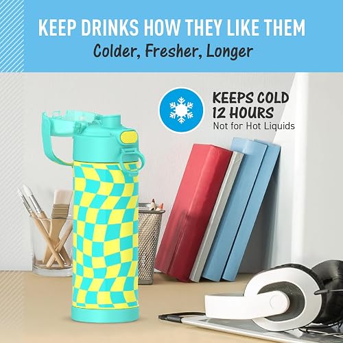 THERMOS - Botella Funtainer aislada al vacío, de acero inoxidable, de 473 ml, con tapa ancha de boquilla, color verde azulado con cuadros ondulados