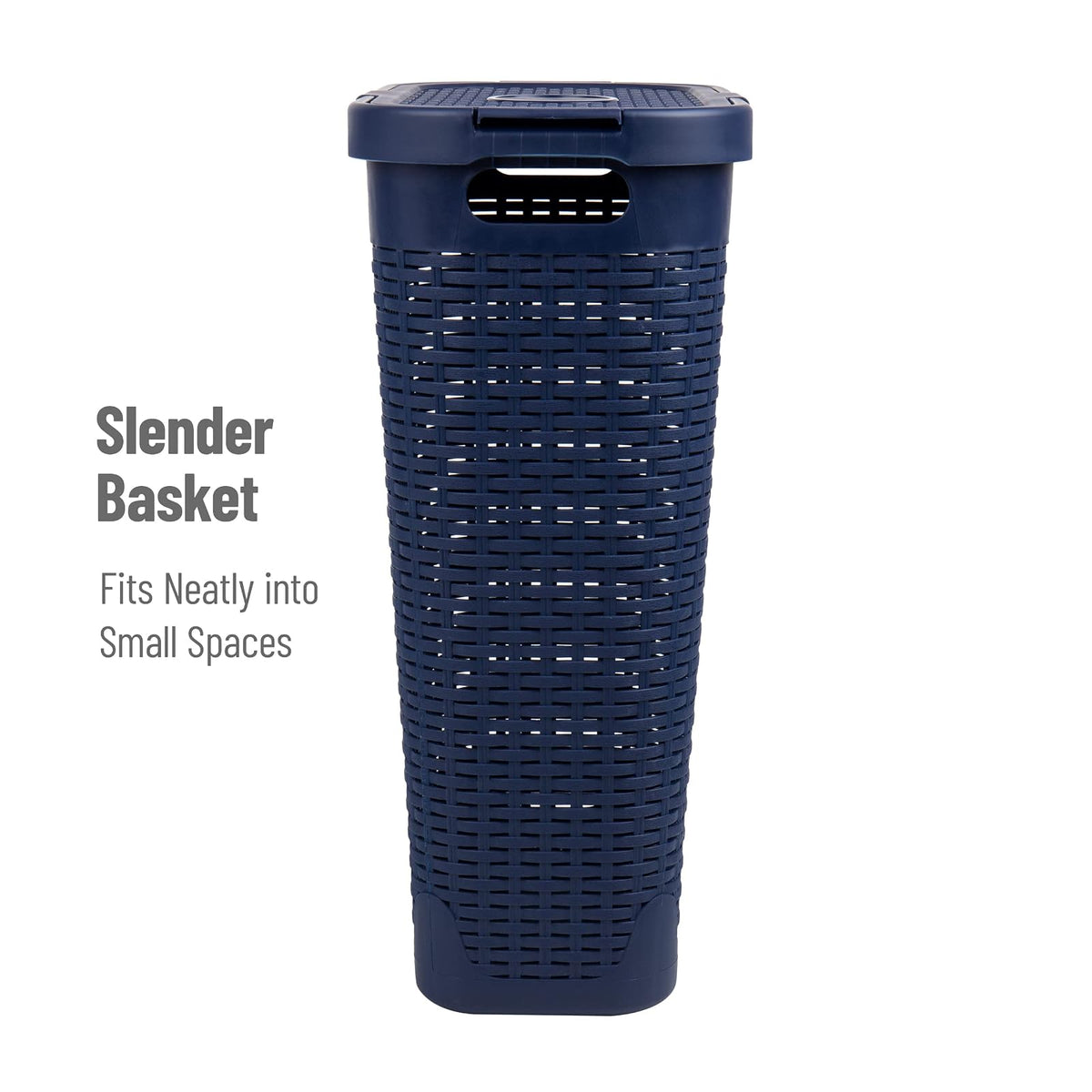Mind Reader 40L Slim Laundry Hamper, Clothes Basket, Lid, Wicker Design, Plastic, 18" L x 10.4" W x 23.5" H, Navy