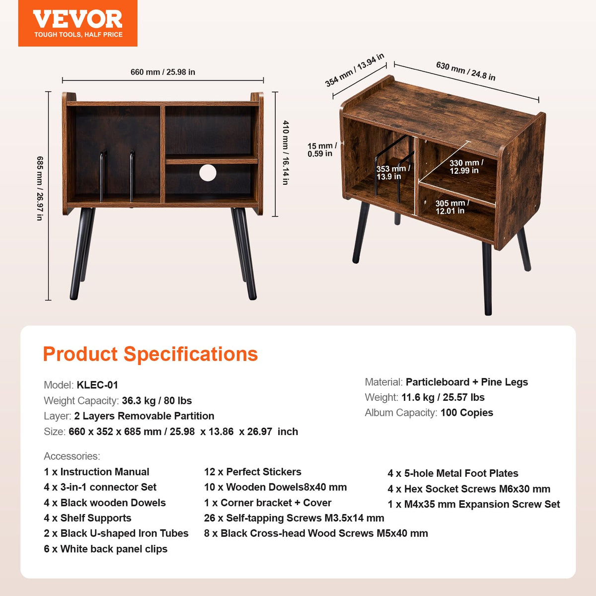VEVOR - Soporte para Tocadiscos, Soporte para hasta 100 álbumes, gabinete de Vinilo clásico con estantes extraíbles, Mesa de Jugador con Altura Ajustable para Sala de Estar, recámara, café