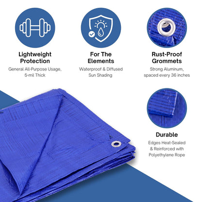 Kotap TRA-3030 - Lona de Polietileno Impermeable Multiusos de 5 mil, tamaño de Corte: 30 x 30 pies/tamaño Terminado: 28 pies 10 Pulgadas x 29 pies 4 Pulgadas, Azul