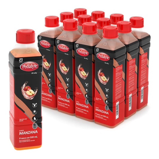 Pedialyte - Electrolitos Orales, 30 mEq, Solución Oral Sabor Manzana 500 ml - Caja con 12 piezas, Auxiliar en la Deshidratación por Diarrea, Vómito y Ejercicio