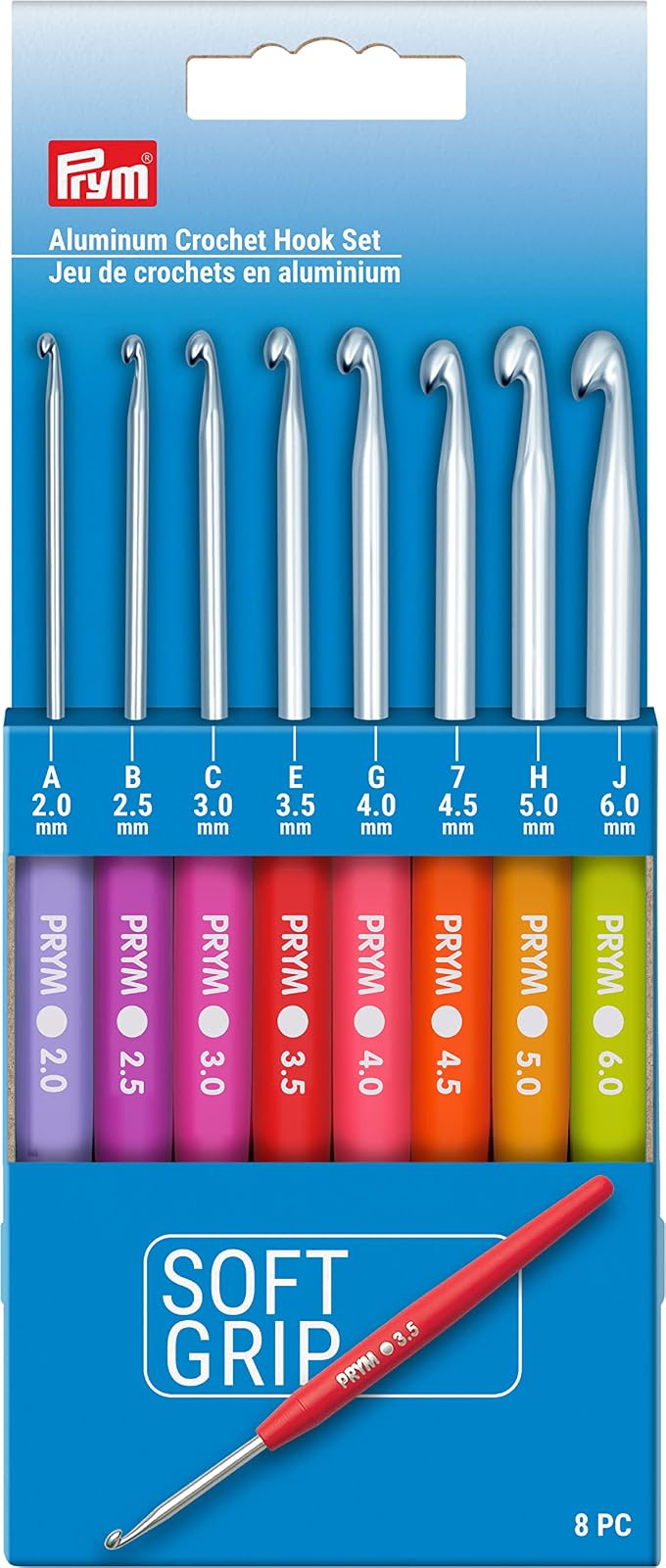 Prym - Juego de ganchos de ganchillo de aluminio de agarre suave, 2-6 mm, multicolor, 8 unidades