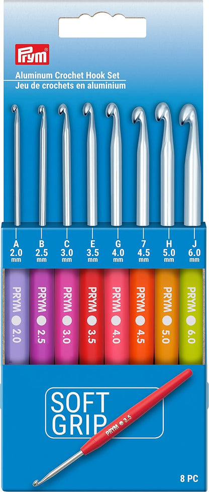 Prym - Juego de ganchos de ganchillo de aluminio de agarre suave, 2-6 mm, multicolor, 8 unidades