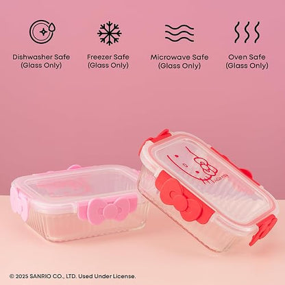 JoyJolt Sanrio Hello Kitty Recipientes de Vidrio Estriado 2 | Rosa y rojo, 2 pzs, borosilicato estriado, tapas herméticas sin BPA, seguro para congelador/microondas/horno