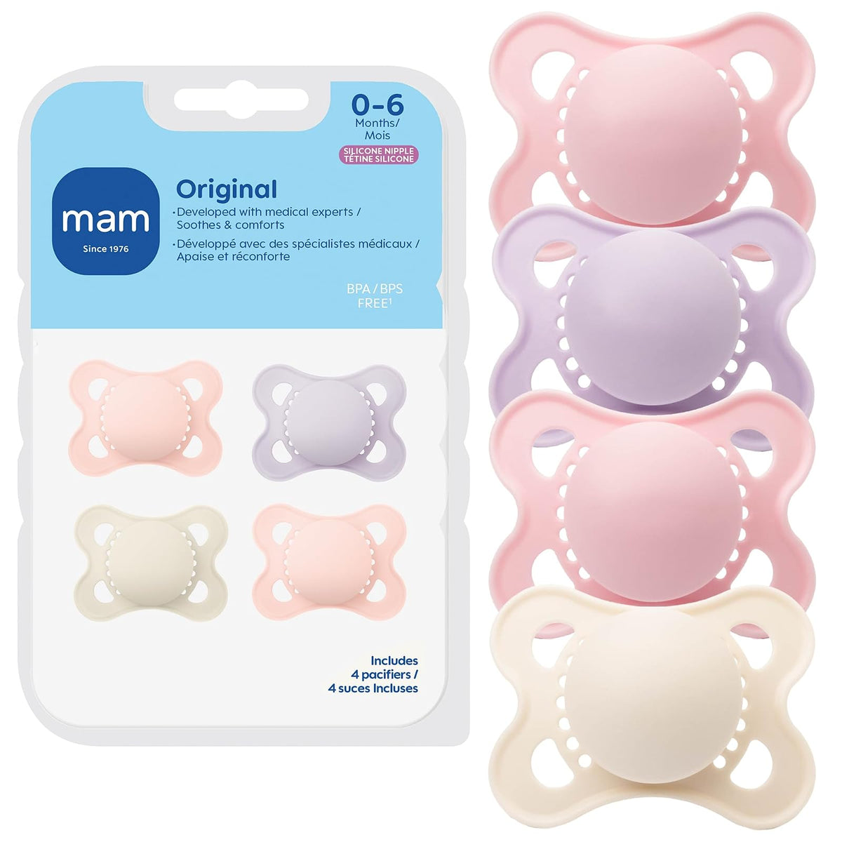 MAM - Chupones originales mate para bebé, Binky para niñas de 0 a 6 meses, pezón de silicona sin BPA, fácil de limpiar, mejor para bebés lactantes, desarrollado con expertos médicos, 4 unidades