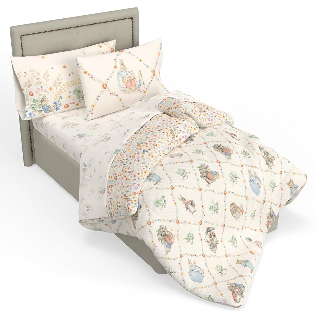 Franco Juego de Ropa de Cama Miffy, Edredón Reversible con Funda - 5 Piece Twin Size - Peter Rabbit Woodland Friends