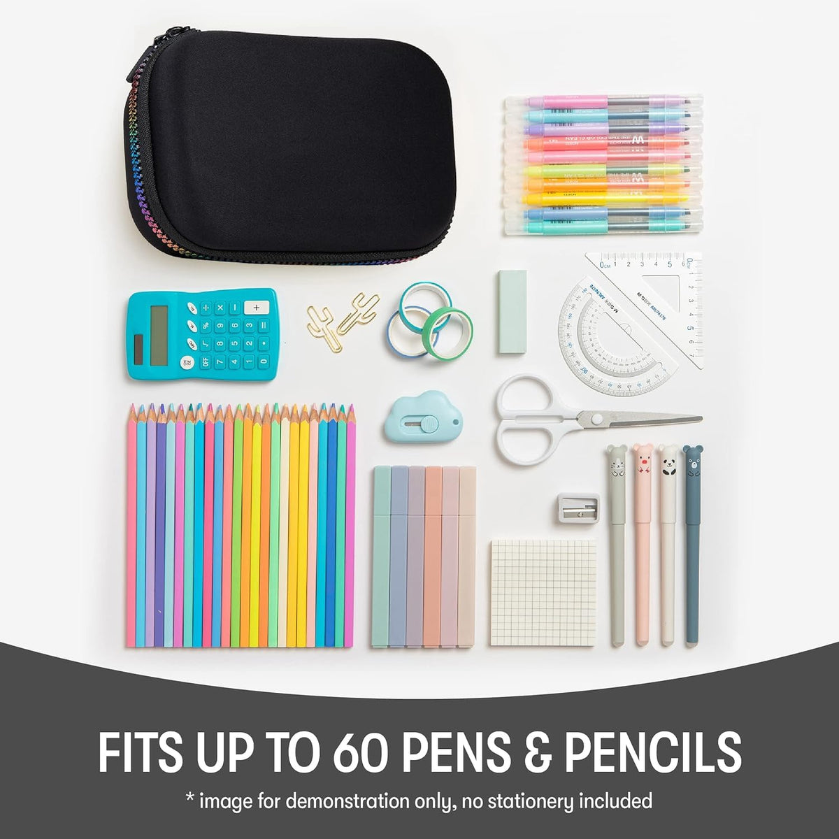 ZIPIT Colorz Pencil Box for Girls & Boys, Holds Up to 60 Pens, Sturdy Storage Container for School and Office Supplies, Secure Zipper Closure (Black & Rainbow)