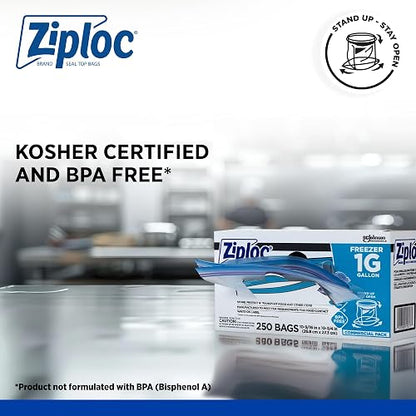 Ziploc Bolsas de congelador profesionales, para organización y almacenamiento de alimentos, doble cremallera, galón, 250 unidades