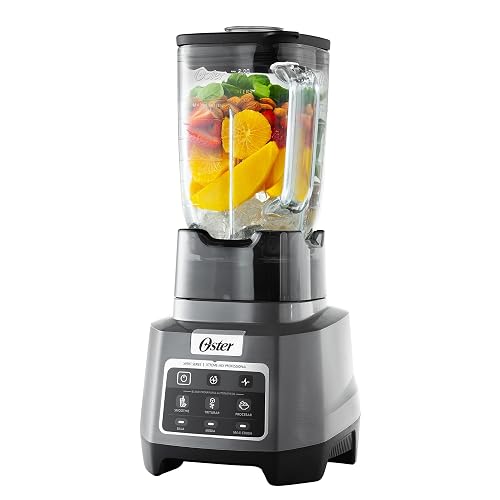Oster Licuadora Profesional XTREMEMIX 1500 W, Vaso de Vidrio 2 L, iBlend | Tecnología Reversible, 3 Programas Automáticos: Smoothie, Triturar, Procesar, 3 Velocidades + Pulso, Gris, BLSTXPG-BW
