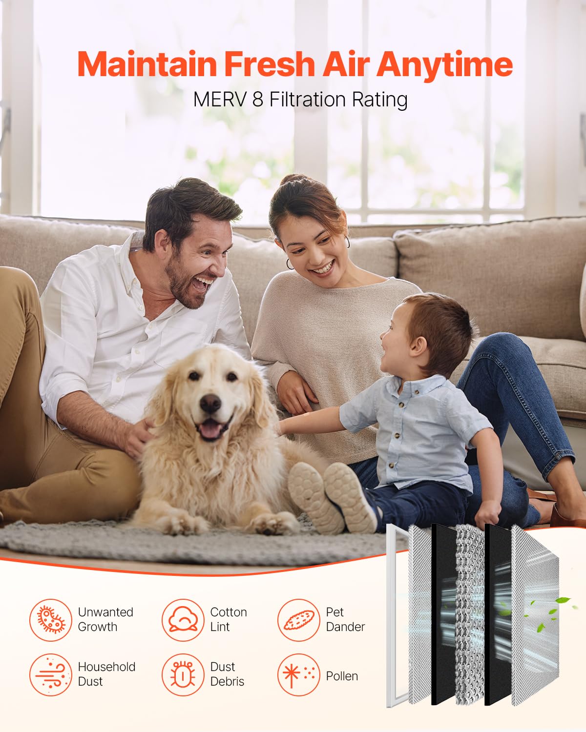 VEVOR Filtro de Aire Electrostático Sostenible, Lavable y Reutilizable, Aluminio, Horno AC/HVAC, MERV 8, Larga Vida Útil, Hogar u Oficina más Saludables, 393,7 x 501,65 x 20,8 mm, Plata, 1 ud