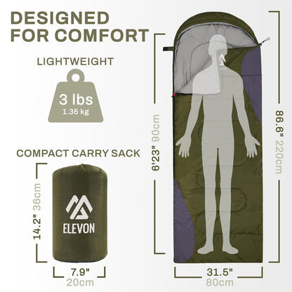 Elevon - Saco de Dormir para Adultos, Adolescentes, niños, Clima frío y cálido, portátil, Impermeable y Ligero, Compacto con Saco de compresión, para 3 a 4 Estaciones de Camping, mochileros,