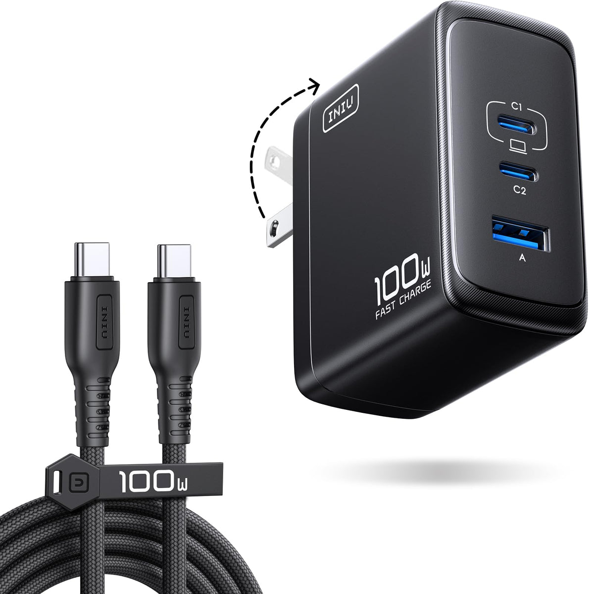 INIU 100W Cargador Tipo C, 3-Puertos Laptop Cargador Rápido con 1.5m Cable | 30% Más Pequeño, Plegable, Tecnología GaN, Cargador de Viaje para MacBook Pro, iPad, iPhone 17 16, Samsung S26, Switch etc