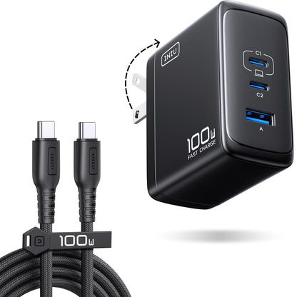 INIU 100W Cargador Tipo C, 3-Puertos Laptop Cargador Rápido con 1.5m Cable | 30% Más Pequeño, Plegable, Tecnología GaN, Cargador de Viaje para MacBook Pro, iPad, iPhone 17 16, Samsung S26, Switch etc