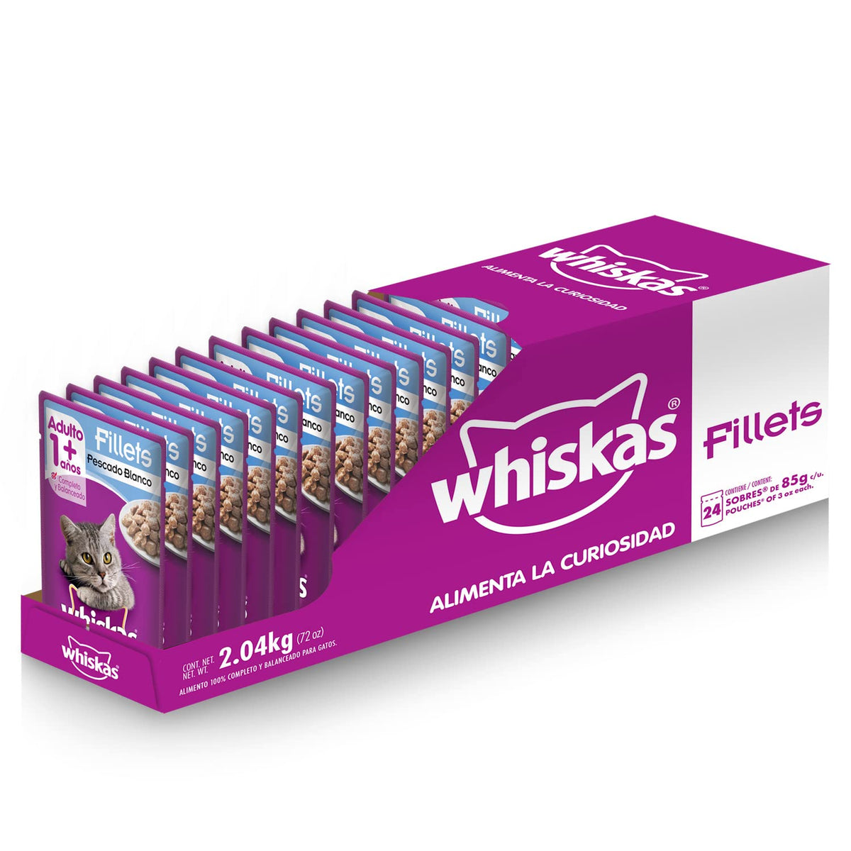 Whiskas Alimento Húmedo para Gatos, Sabor Filete Pescado Blanco, 85g c/u. Paquete de 24 Unidades + Alimento Húmedo para Gatos, Sabor Filetes De Pavo 85g c/u. Paquete de 24 Unidades