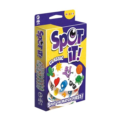 Asmodee Spot It! Juego de Cartas clásico (actualización 2024) – Pocket Eco Edition, Juego de percepción Visual 5 en 1 para Reflejos rápidos y diversión Familiar, Edades de 6 años, 2 a 8 Jugadores