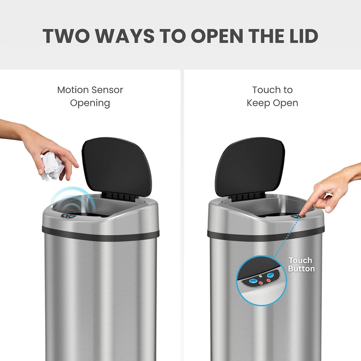 iTouchless Papelera de Cocina con Sensor de 13 Galones | Tapa automática, filtro de olor, acero inoxidable, ovalado, uso en hogar y oficina