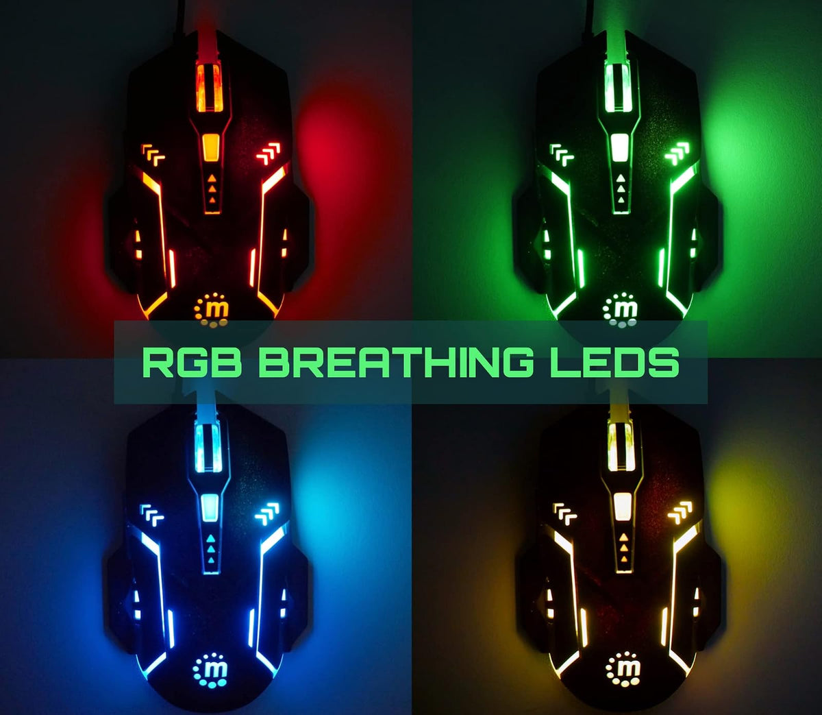 Manhattan 179256 Mouse Óptico Gaming, conexión por Cable USB-A, con Seis Botones Incluyendo botón dpi, diseño ambidiestro para Jugadores Zurdos y diestros, iluminación LED de Colores, Color Negro