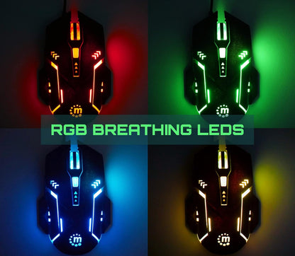Manhattan 179256 Mouse Óptico Gaming, conexión por Cable USB-A, con Seis Botones Incluyendo botón dpi, diseño ambidiestro para Jugadores Zurdos y diestros, iluminación LED de Colores, Color Negro