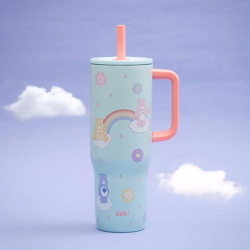 Zak Designs Care Bears Sutton - Vaso de viaje para uso en movimiento, acero inoxidable de 30 onzas con aislamiento al aspiradora, popote de silicona y asa de transporte para bebidas frías (osos de