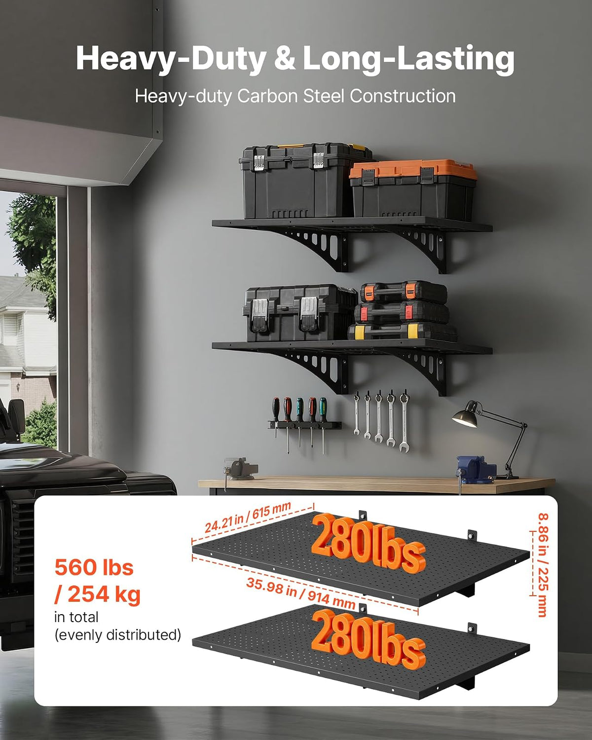 VEVOR Estantería de Pared de Acero Resistente 610x914 mm, Carga 254kg en Total 127kg por Estante, Distancia Ajustable, Juego de 2 Estanterías Flotantes con Ganchos para Garaje Cocina Lavandería Taller