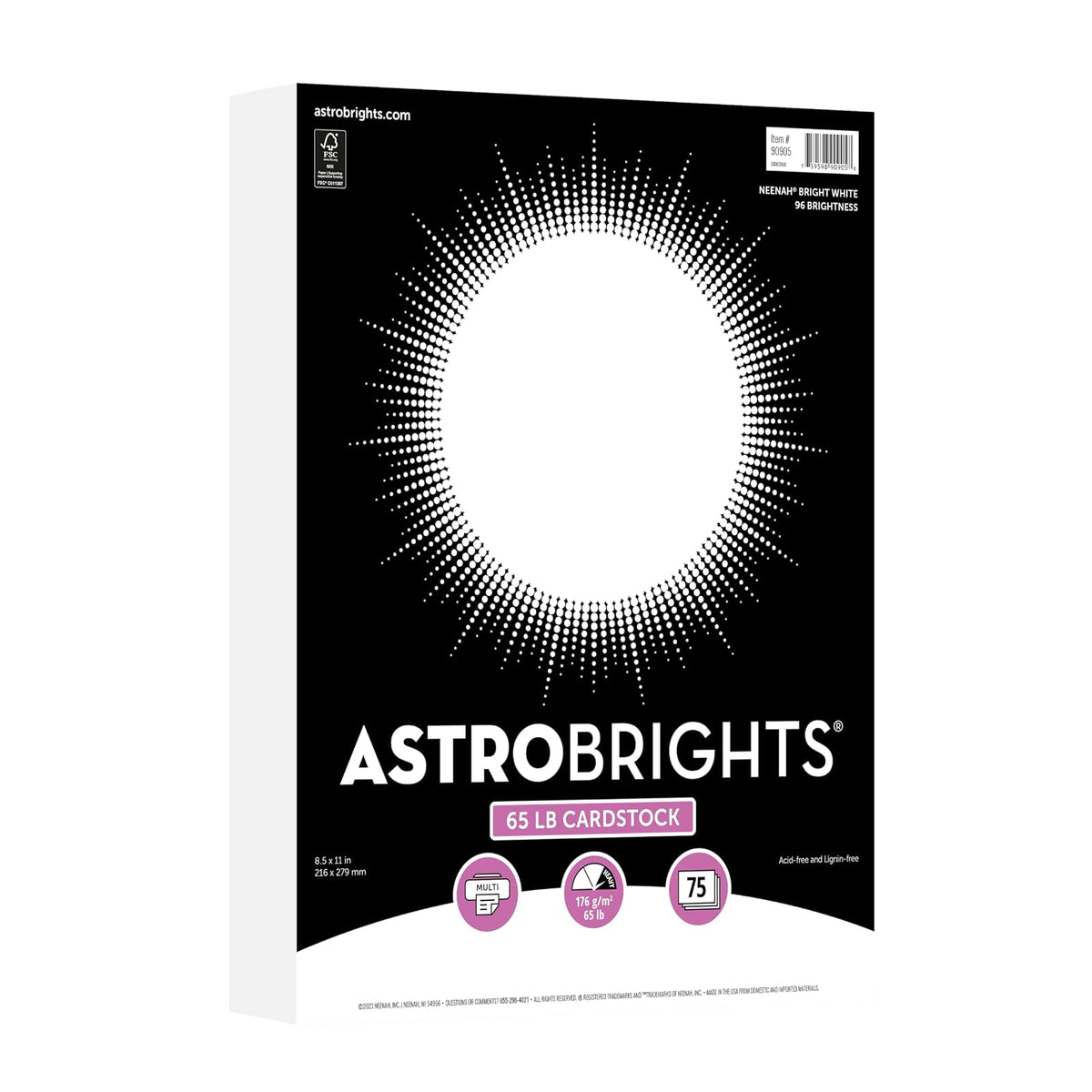 Astrobrights/Neenah Bright White Cardstock, 8.5" x 11", 65 lb/176 gsm, White, 75 Sheets (90905-02) - Packaging May Vary