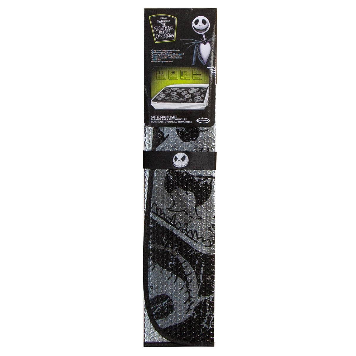Plasticolor 003855R01 Nightmare Before Christmas Jack Skellington Face Logo Black Foil Finish Car Truck or SUV Parasol Delantero para Parabrisas
