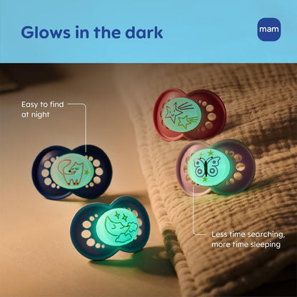 MAM - Chupones nocturnos originales para 6-16 meses, silicona sin BPA, brilla en la oscuridad, lo mejor para bebés recién nacidos, desarrollado con expertos médicos, 2 unidades, con estuche