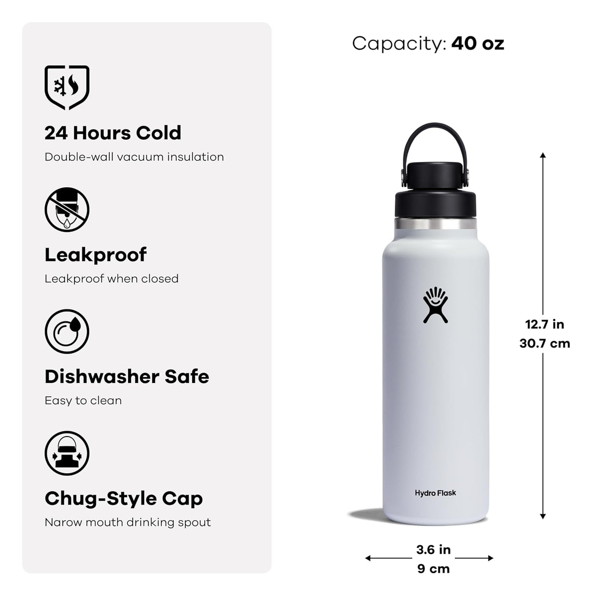 Hydro Flask - Botella de agua de acero inoxidable aislada, tapa de boca ancha, no derrama, a prueba de fugas en 40 onzas, color blanco