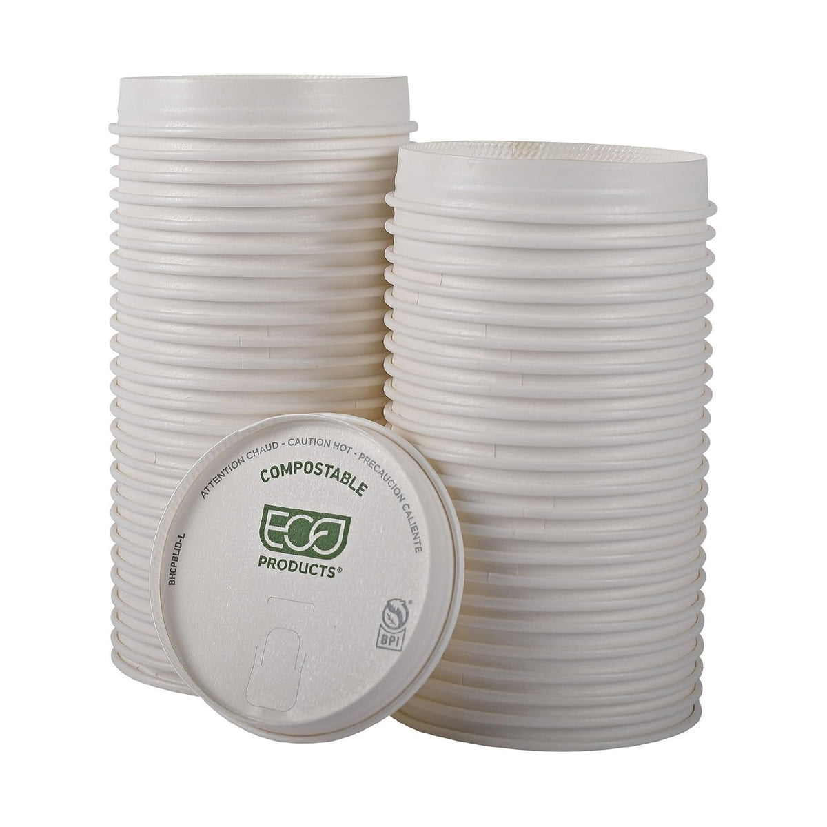 Eco-Products - Tapas de papel compostables para tazas de café, caja de 1000, tapas blancas de rayas verdes, se adapta a tazas calientes de 10 a 20 onzas, forradas con PLA, un material renovable hecho