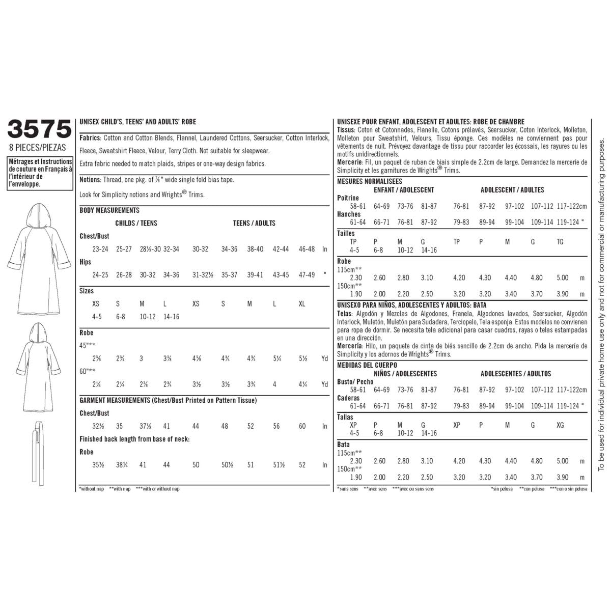Simplicity Fácil de Coser 3575 - Albornoz de Costura para Adultos y niños, XS-L y XS-XL