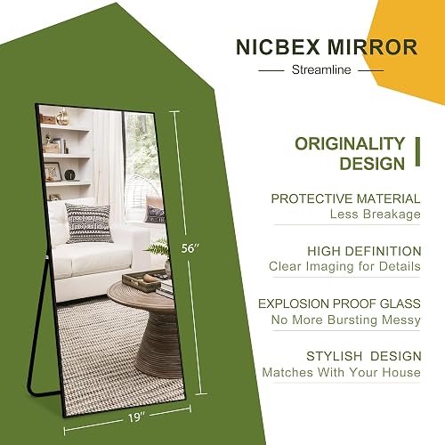 NicBex Espejo de Longitud Completa con Soporte, Espejo de Piso con Marco de aleación de Aluminio de 56 x 19 Pulgadas, Negro, Vidrio inastillable, sin pie, apoyado contra la Pared o montado en la