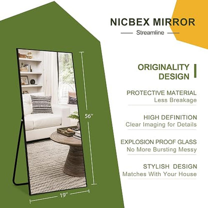 NicBex Espejo de Longitud Completa con Soporte, Espejo de Piso con Marco de aleación de Aluminio de 56 x 19 Pulgadas, Negro, Vidrio inastillable, sin pie, apoyado contra la Pared o montado en la