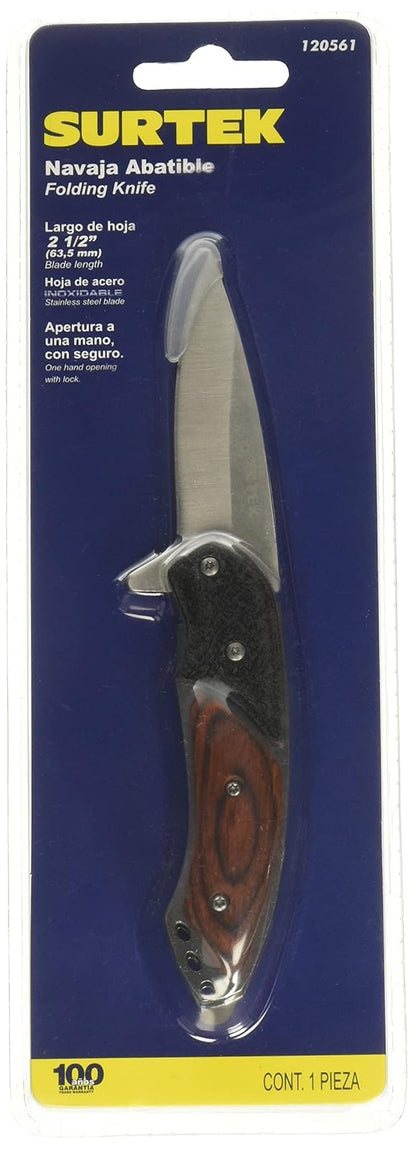 Surtek 120561 Navaja abatible de acero inoxidable con mango de madera