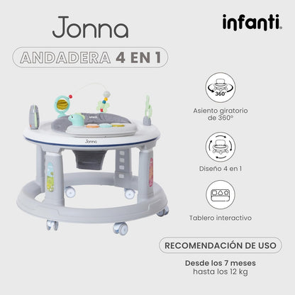 Infanti | Andadera JONNA 4 en 1 con Asiento Giratorio 360° | Se Transforma en Centro de Entretenimiento y Mesita Interactiva | Andador con Juguetes y Sonidos | Altura Ajustable | Color Gris