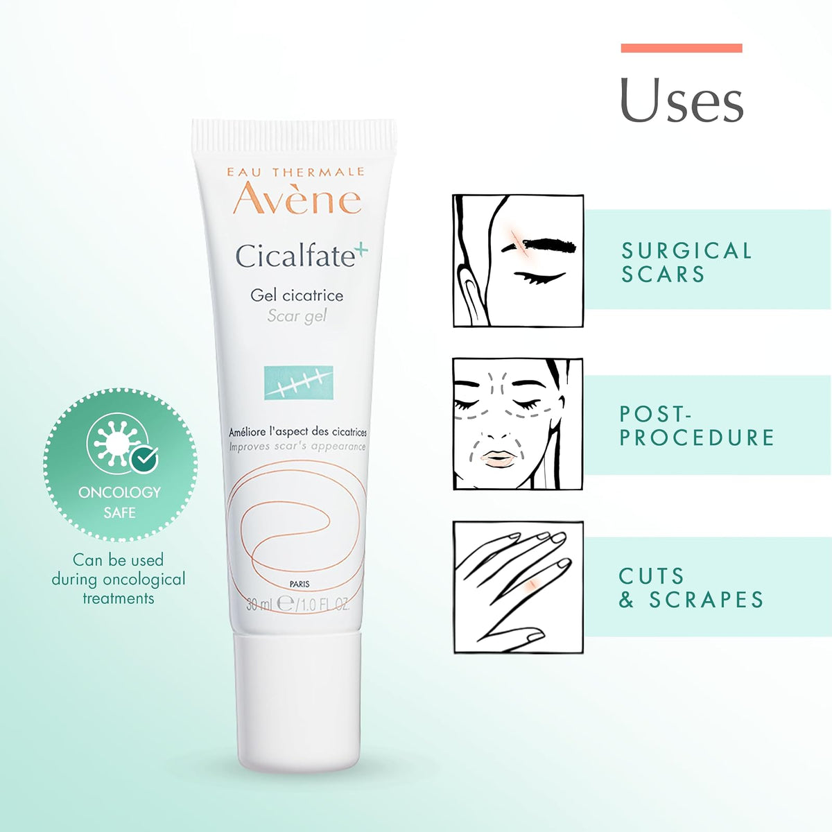 Eau Thermale Avene Cicalfate+ Scar Gel - Restorative Silicone Massage Gel for Superficial & Dermatological Scars - Postbiotic Skincare - Non-Comedogenic - 1 fl.oz.