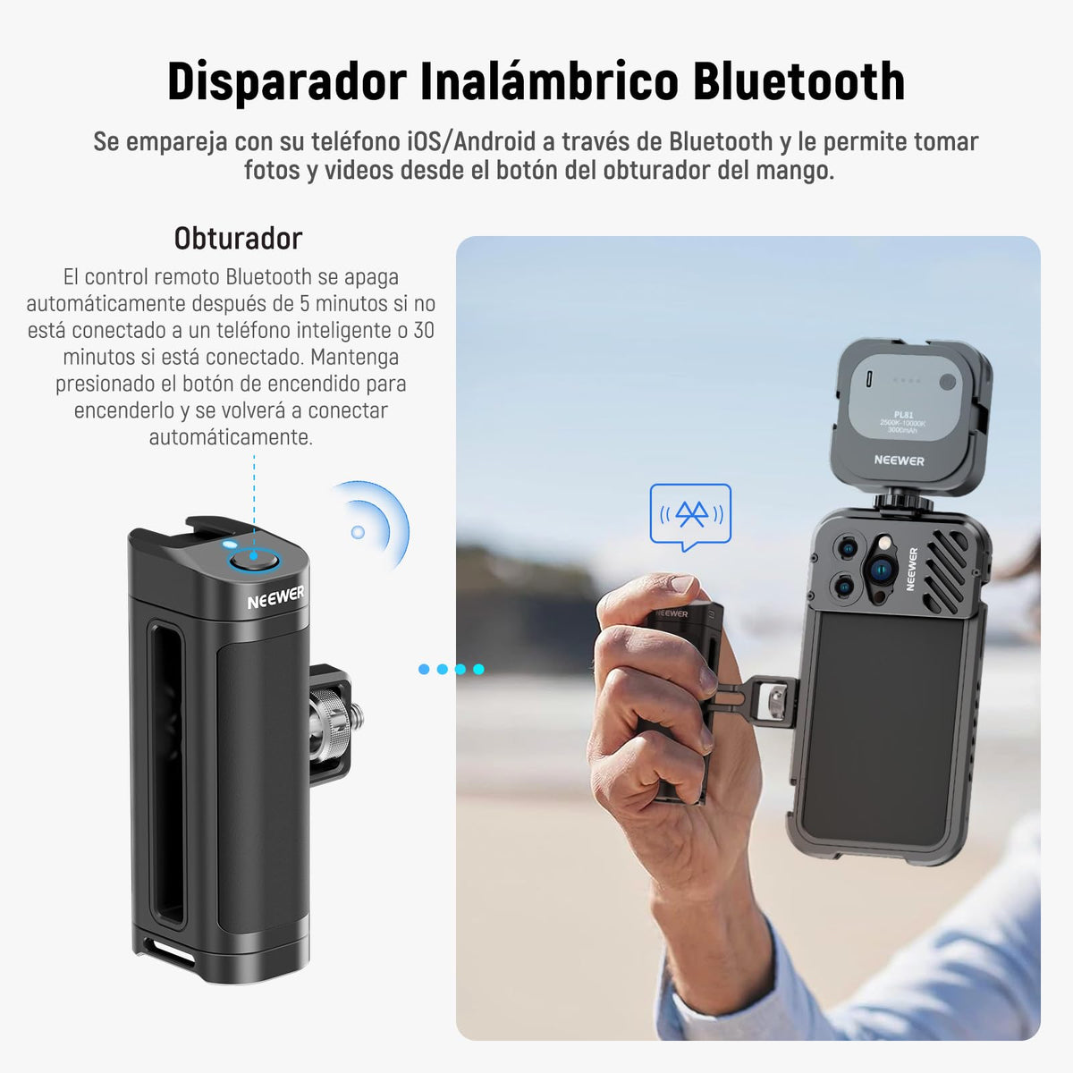 NEEWER Side Handle Grip con Disparador de Botón para Cage Video Rig de Teléfono, 2 Adaptador Montaje con 1/4" Tornillo y Pasador Localización, Empuñadura Lateral Compatible con SmallRig Jaula, PA005E
