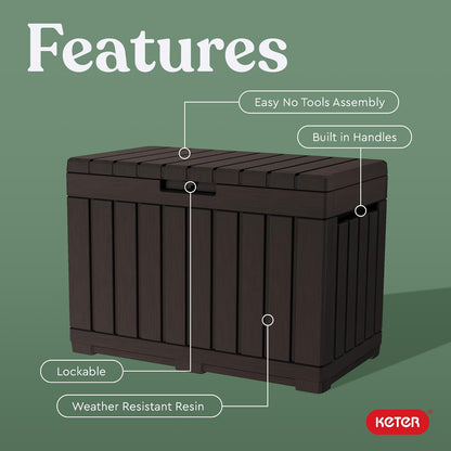 Keter Kentwood - Caja de resina de 50 galones para organizar y almacenar cojines de patio, almohadas y herramientas de jardín, color café