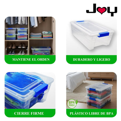 Joy – Caja de Almacenamiento 13 litros, Pack de 2, Perfecto para Organizar Ropa y Juguetes, con Broches de Seguridad, Plástico Libre de BPA, Transparente