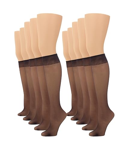 No Nonsense 100% Nylon Knee High Pantyhose 10-pack Brown Transparent Adult Female Classic Formal Tube Socks