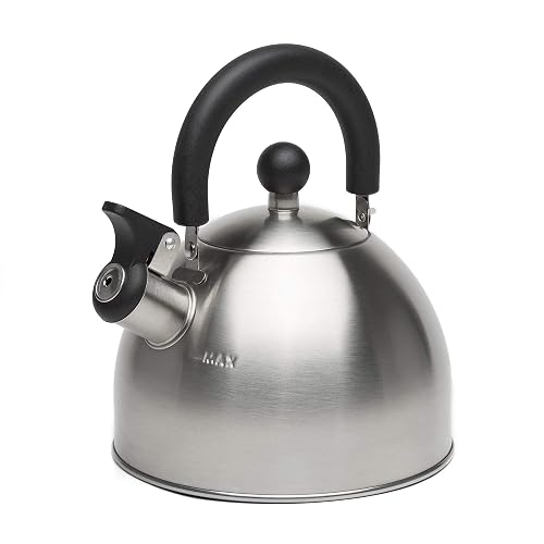 Primula Stewart - Hervidor de té de acero inoxidable de grado alimenticio, agua caliente rápida de hervir, plegable al tacto frío, 1.5 cuartos de galón, cepillado con mango negro