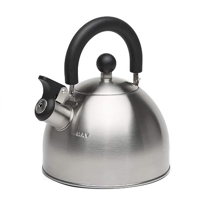 Primula Stewart - Hervidor de té de acero inoxidable de grado alimenticio, agua caliente rápida de hervir, plegable al tacto frío, 1.5 cuartos de galón, cepillado con mango negro