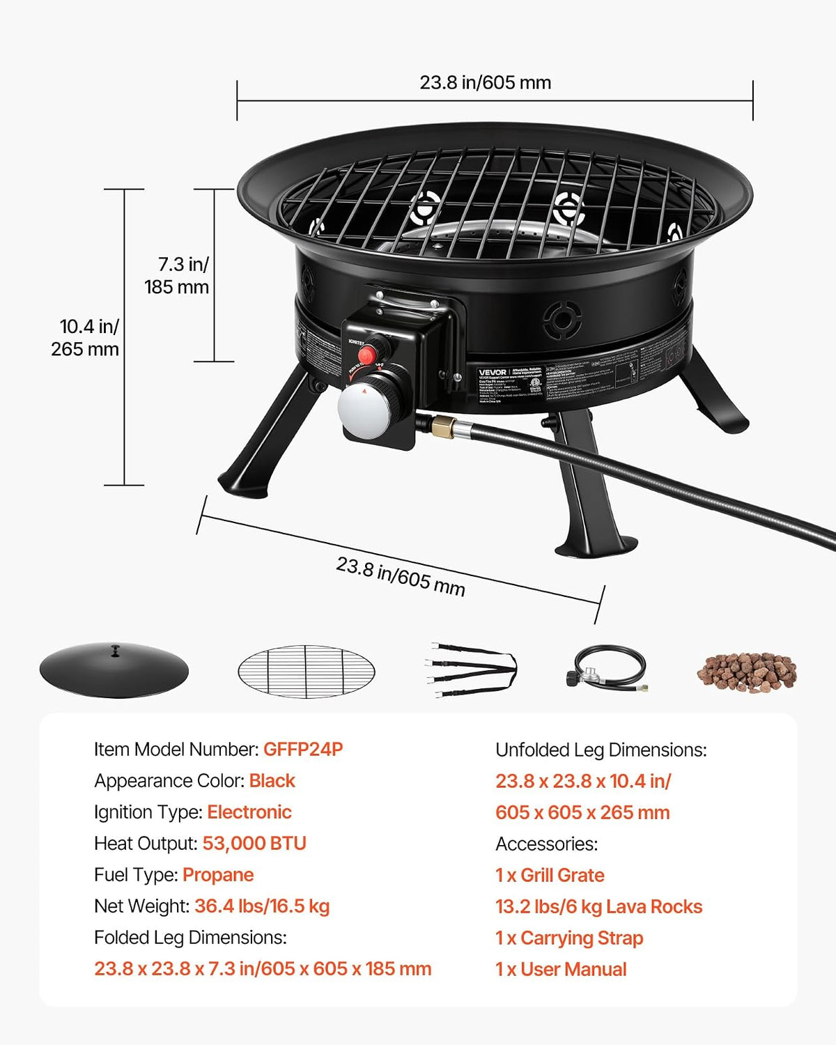 VEVOR Fogón de propano de 24 Pulgadas, fogón de Gas portátil de 53 000 BTU, con Parrilla y Rocas volcánicas, Llama Ajustable, Patas Plegables, fogón Exterior sin Humo para acampadas, Patios, Jardines