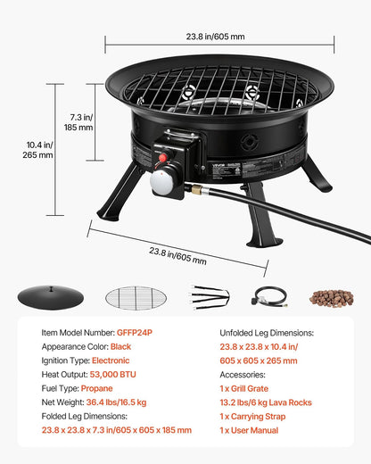 VEVOR Fogón de propano de 24 Pulgadas, fogón de Gas portátil de 53 000 BTU, con Parrilla y Rocas volcánicas, Llama Ajustable, Patas Plegables, fogón Exterior sin Humo para acampadas, Patios, Jardines