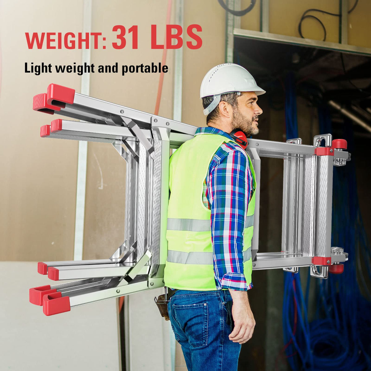 Ecomax Escalera plegable, escalera de extensión de aluminio de 4 pies, capacidad de carga de 300 libras, escalera telescópica portátil con goma antideslizante, escaleras de escalón multiposición, para trabajar EM4X3L2, plata
