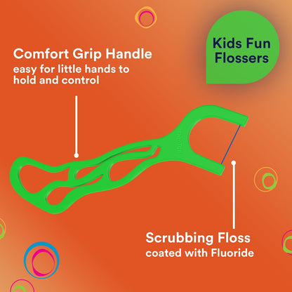 Dentek Kids Fun Flossers with Advanced Fluoride Coating | Removes Food & Plaque | Wild Fruit Flavored Floss Picks | 75 Count | Pack of 6