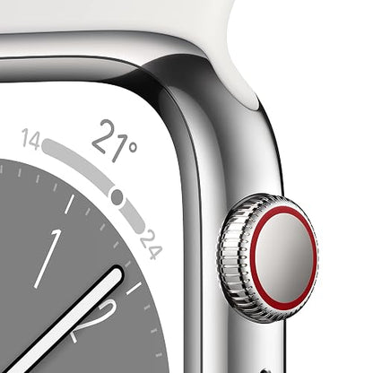 Apple Watch Series 8 (GPS + Cellular) Smartwatch con Caja de Acero Inoxidable Color Plata de 41 mm y Correa Deportiva Blanca. Apps ECG y Oxígeno en Sangre, Resistente al Agua