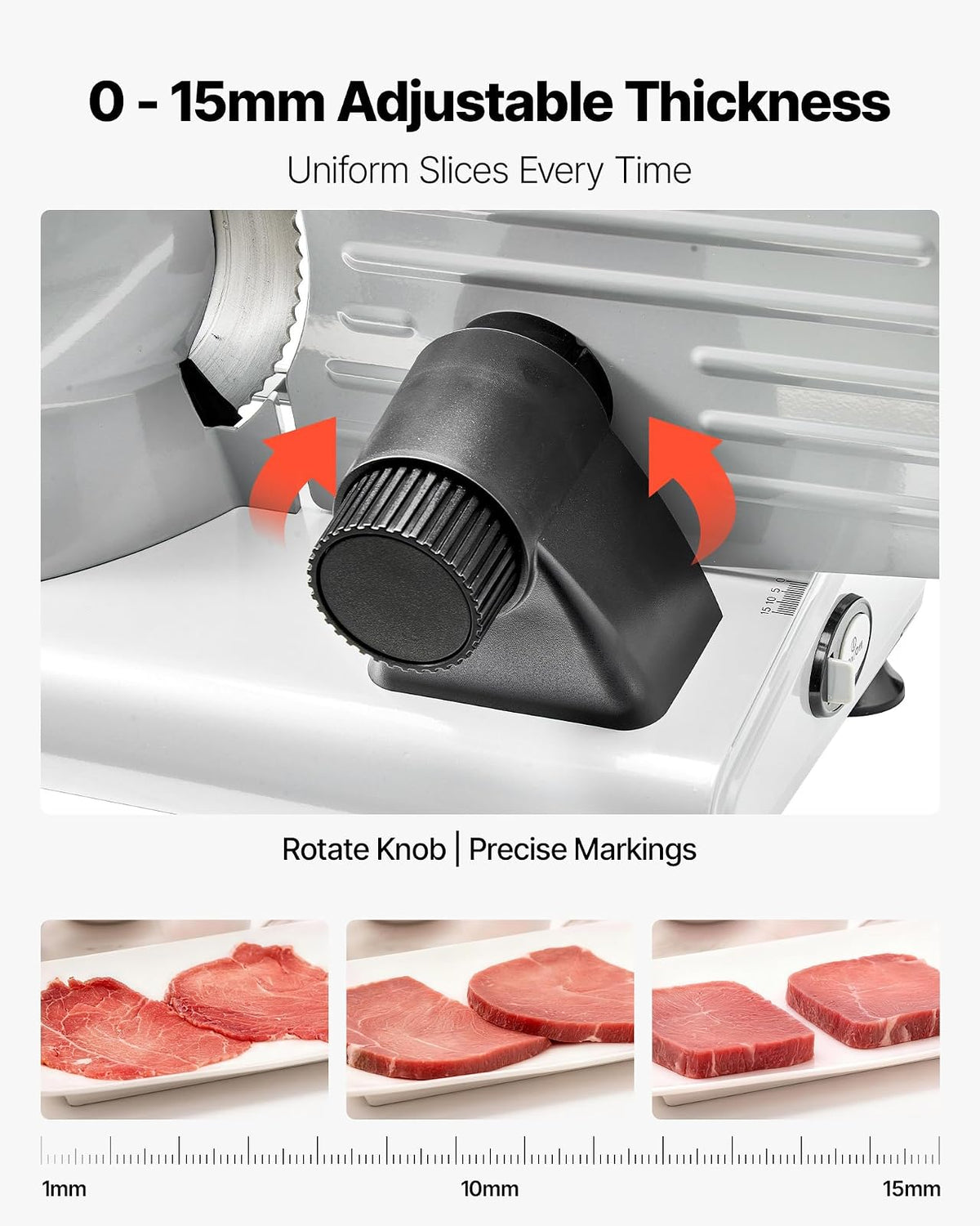 VEVOR Cortadora de carne, 8.6" eléctrica, con 2 cuchillas SUS420 y grosor ajustable de 0 a 0.6", doble bloqueo de seguridad, 200 W, para el hogar, ideal para carne congelada, jamón,baguettes y filetes