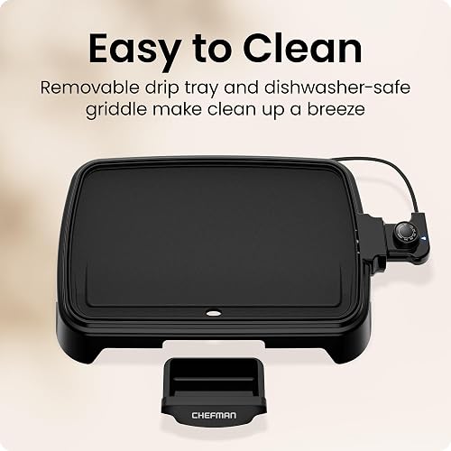 Chefman Plancha eléctrica con control de temperatura extraíble, parrilla ideal para hamburguesas, huevos, plancha para panqueques, superficie de cocción antiadherente fácil de limpiar 10 x 16 pulgadas