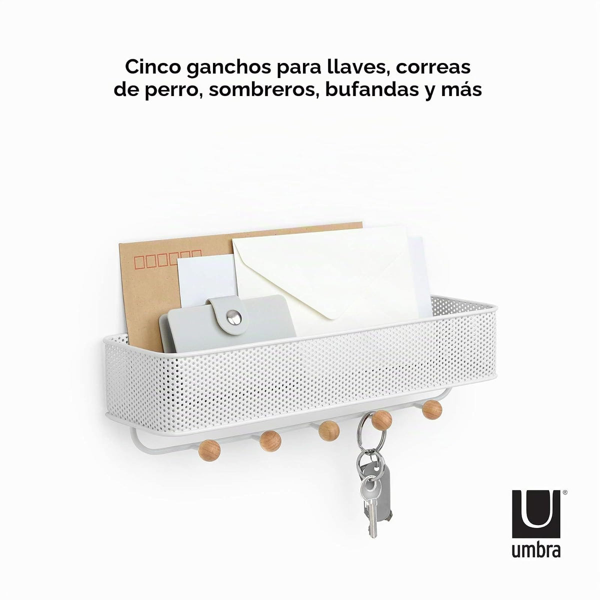 Organizador de entrada Umbra Estique, ideal para guardar llaves, pequeños accesorios, correo, carteras y más. Color blanco,Tamaño chico