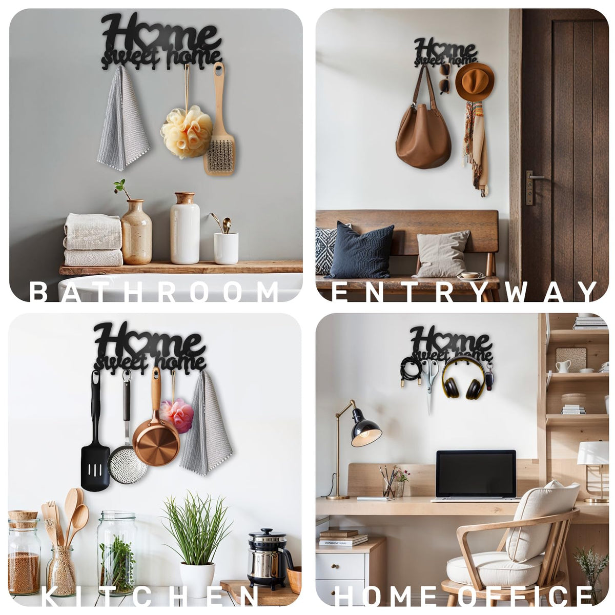 M-KeyCases Home Sweet Home - Soporte para llaves de pared (estante de 8 ganchos) decorativo, colgador de metal para puerta delantera, cocina o garaje | tienda, trabajo, coche, llaves de vehículo